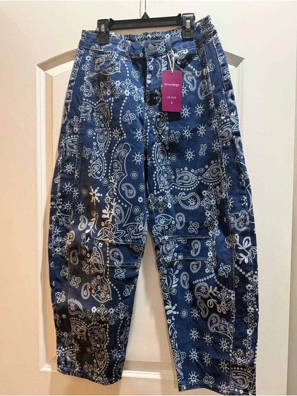 Blue Bandana-Print barrel jeans